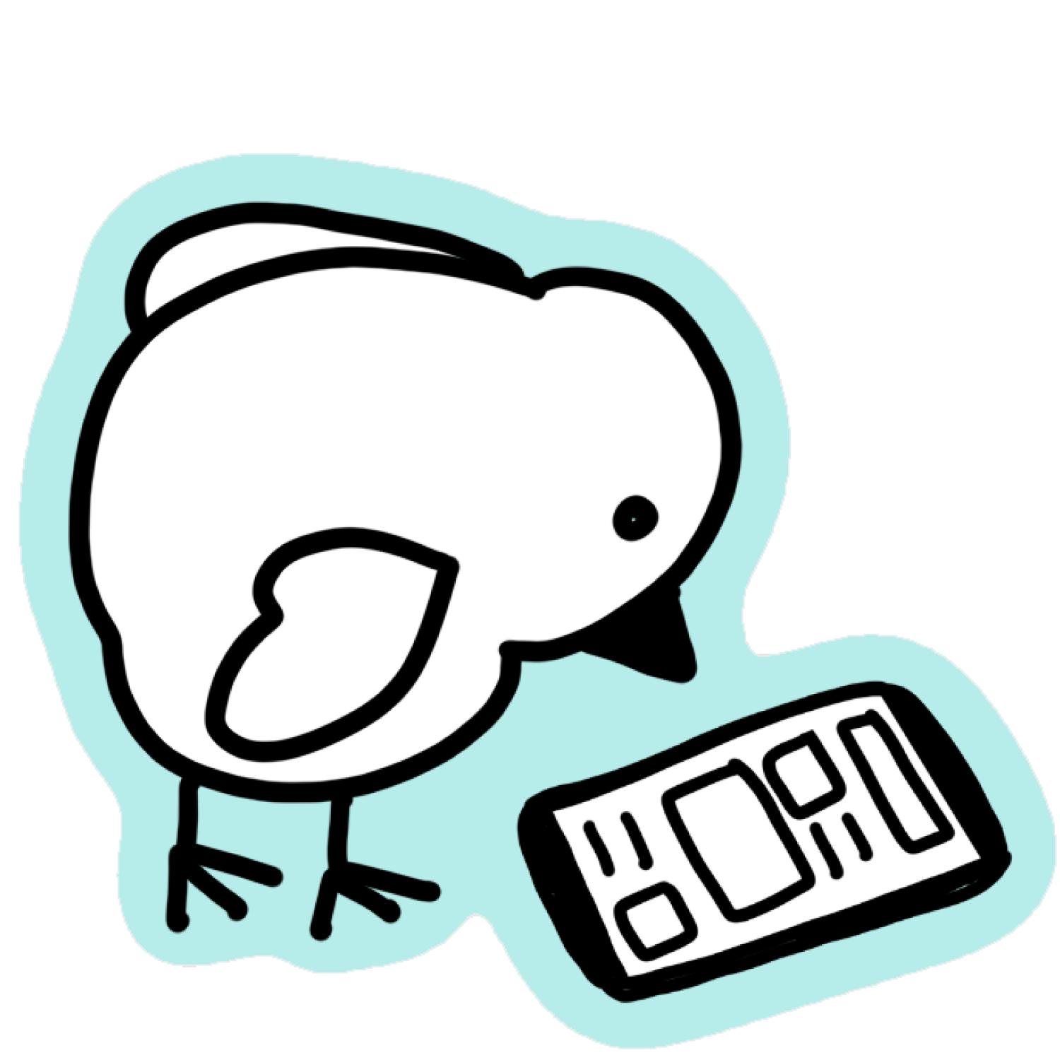 a cartoon bird looking at its phone. Drawn by Caitlin Rowlings.